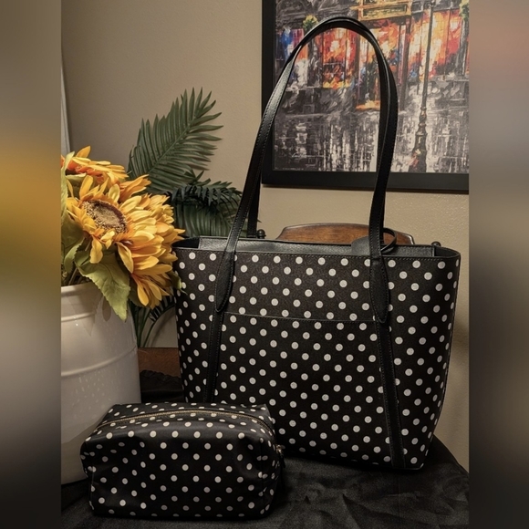 Kate Spade Tote & Cosmetic Bag Set in Black with White Polka Dots - Picture 3 of 16